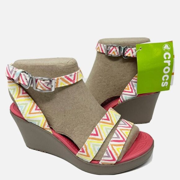 🔥CROCS Pink and Yellow Wedge Sandals with Unique Design Sz 8W New - Picture 1 of 6